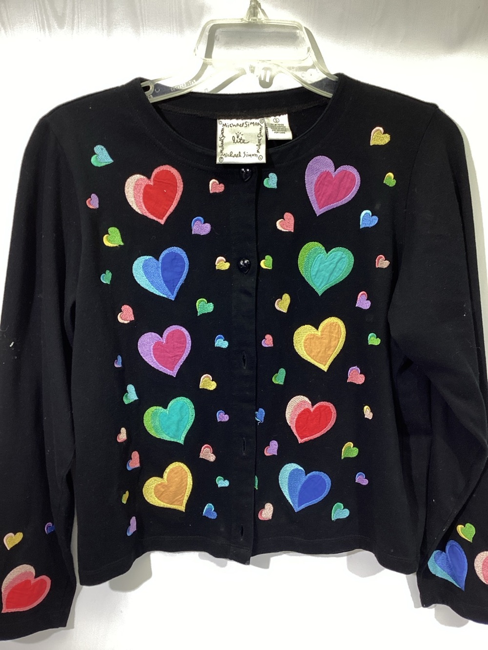 Michael Simon Lite Rmbroidered Heart Cardigan Button Small Whimsical Black